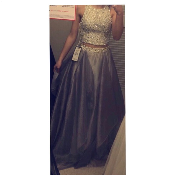 2 piece graduation dress Beaded Silver Floor Length Two Dress,Prom Dresses, MP423 Waist Line Graduation Dresses Junior Prom Dress